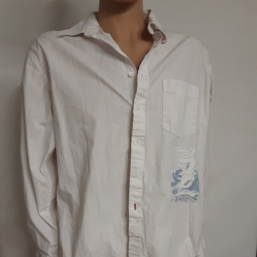 Izod luxury sport Shirt Long Sleeve Size L White 100% Cotton Logo Distress *781